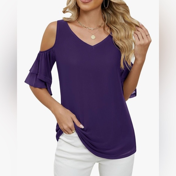 BNWT-2025-Cold Shoulder Short Sleeve Tunic Shirt V Neck Mesh 2 Layers Blouses - Picture 1 of 7